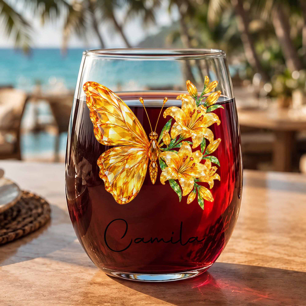 Personalized Birth Month Butterfly Custom Stemless Wine Glass