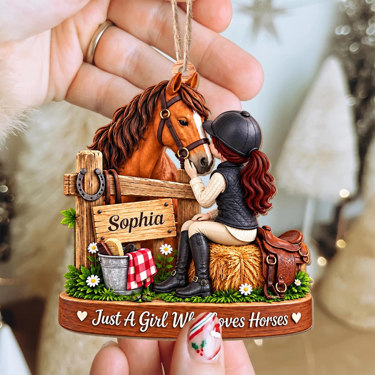 Personalized Girl Who Loves Horses Wooden Ornament