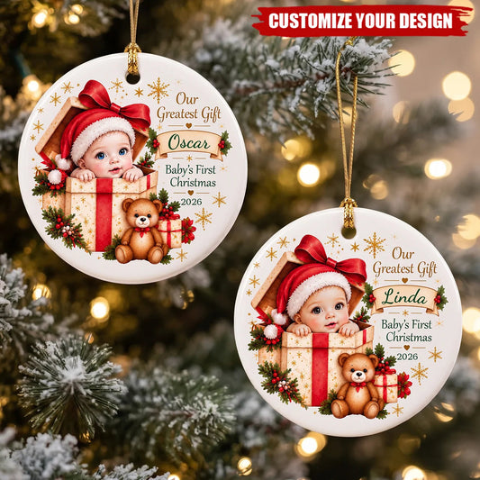 "Our Greatest Gift" Personalized Baby’s First Christmas Ceramic Ornament – New Mom Gift