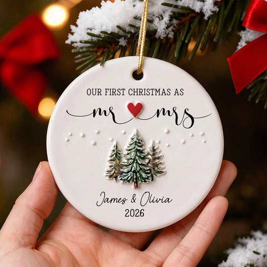 Our First Christmas As Mr and Mrs Personalized Ceramic Ornament - Holiday Keepsake for Newlyweds Couples