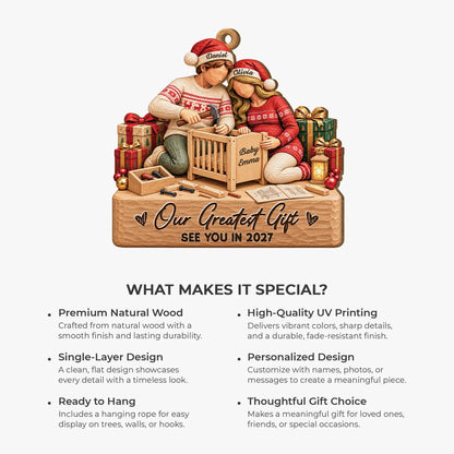 "Our Greatest Gift" Personalized Wooden Ornament for Expecting Couples - Custom Christmas Pregnancy Keepsake