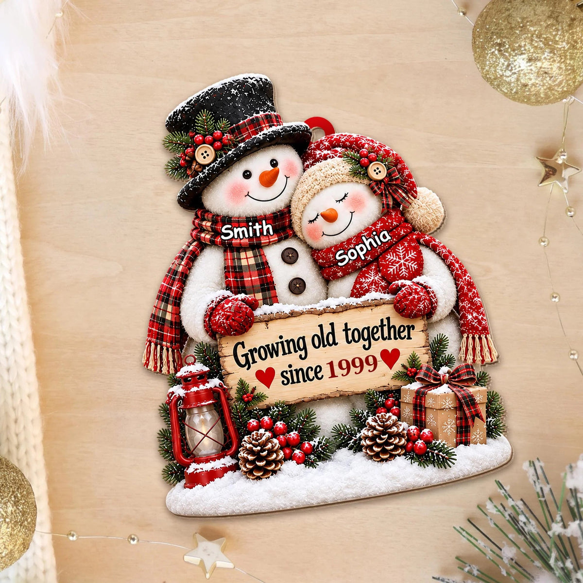 Growing Old Together Personalized Snowman Couple Wooden Ornament - Christmas Keepsake for Husband Wife