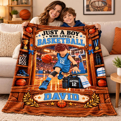 Just A Boy Who Loves Basketball Personalized Blanket - Custom Name Fleece Throw for Son & Basketball Fans