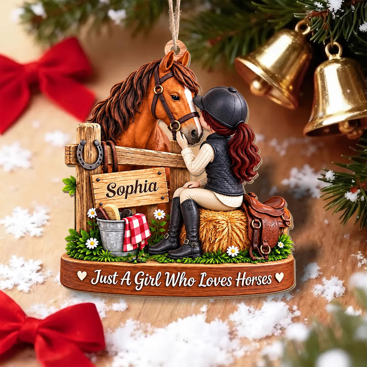 Personalized Girl Who Loves Horses Wooden Ornament