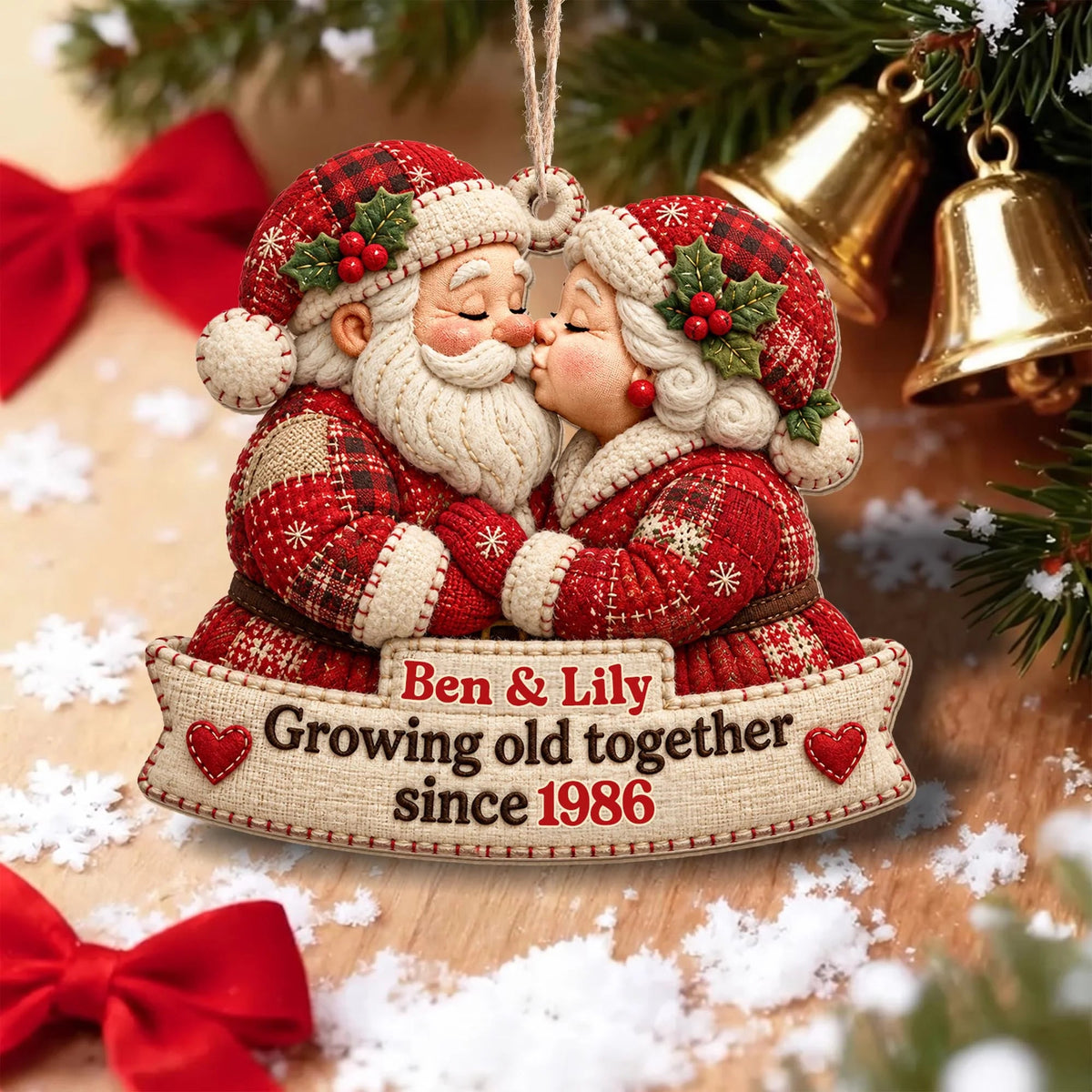 Personalized Growing Old Together Santa Couple Wood Tree Ornament
