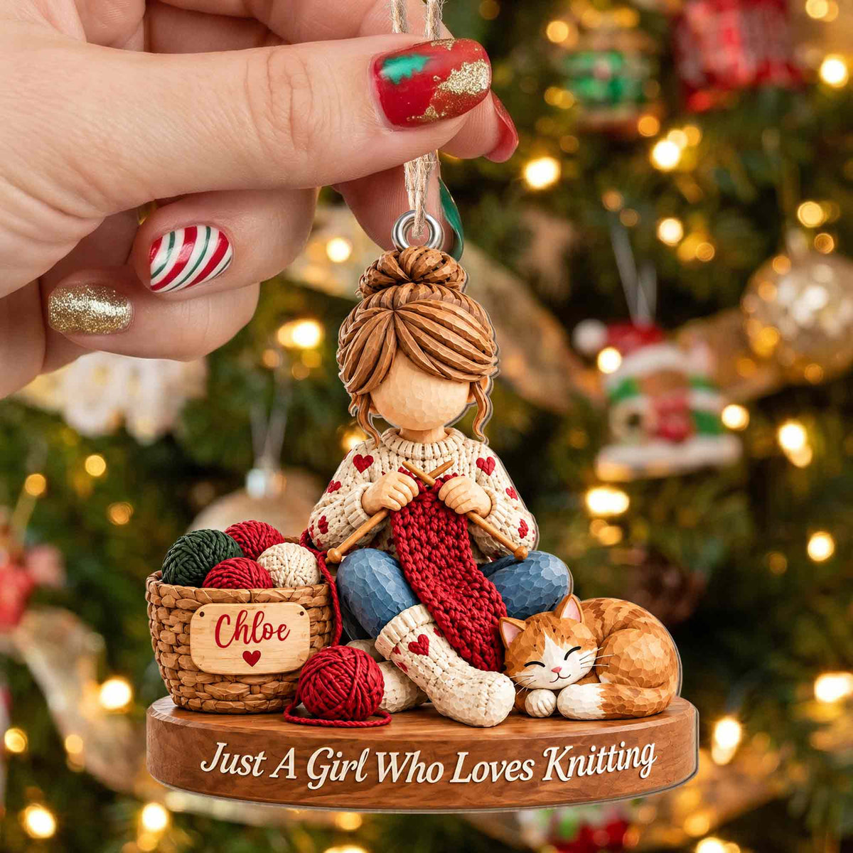 Just A Girl Who Loves Knitting Personalized Wood Ornament - Custom Craft Cat Gift for Mom