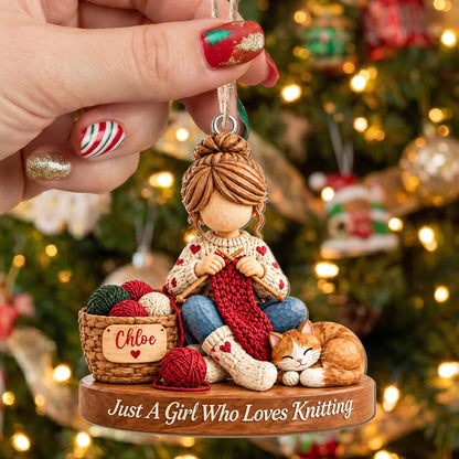 Just A Girl Who Loves Knitting Personalized Wood Ornament - Custom Craft Cat Gift for Mom