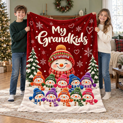 My Grandkids Personalized Snowman Blanket with Names - Custom Grandma Christmas Gift Throw