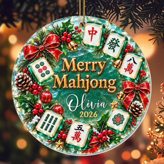 "Merry Mahjong" Personalized Acrylic Ornament for Mahjong Lovers - Custom Name Christmas Wreath Keepsake