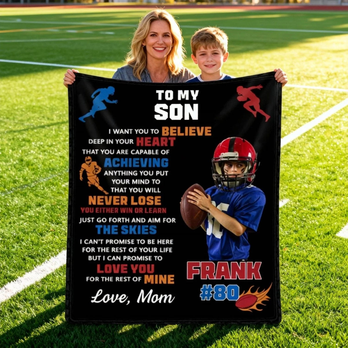 To My Son Personalized Football Blanket - Custom Photo Name & Number Game Day Gift