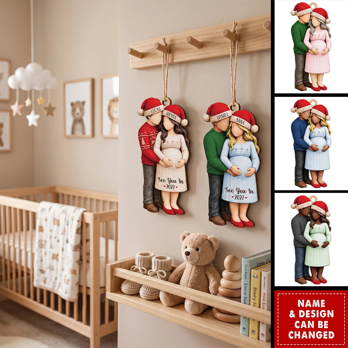 Personalized Expecting Couple Baby Bump Wooden Ornament