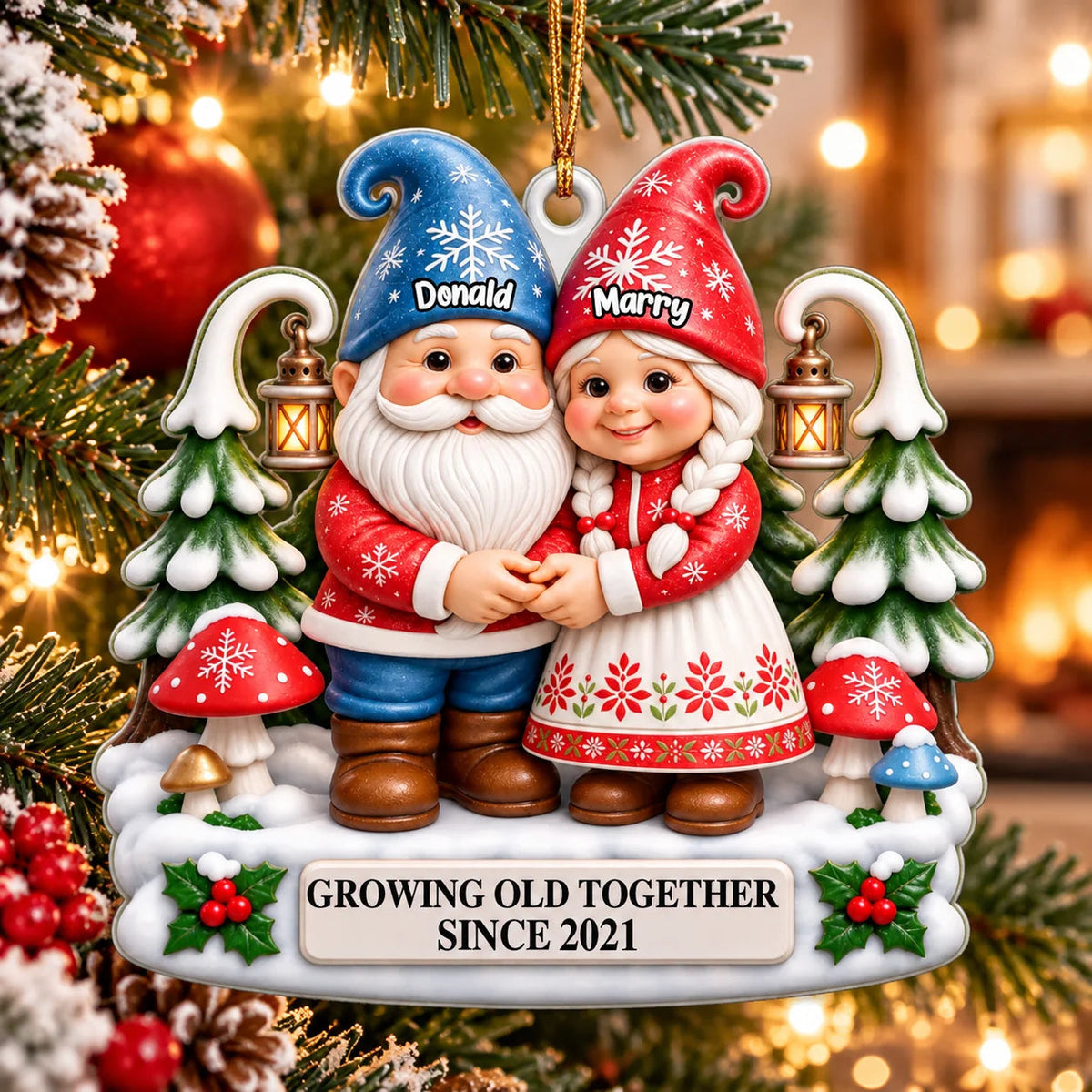 Growing Old Together Christmas Gnome Couple - Personalized Acrylic Ornament for Couples