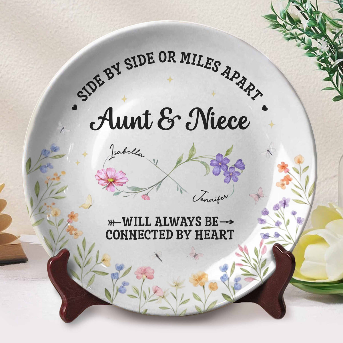 "Side By Side Or Miles Apart" Personalized Ceramic Plate - Keepsake for Aunt and Niece