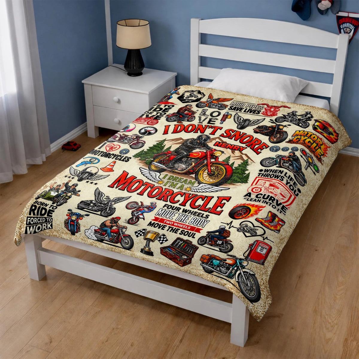"I Don't Snore I Dream I'm A Motorcycle" Personalized Blanket - Custom Rider Gift for Biker Husband, Dad