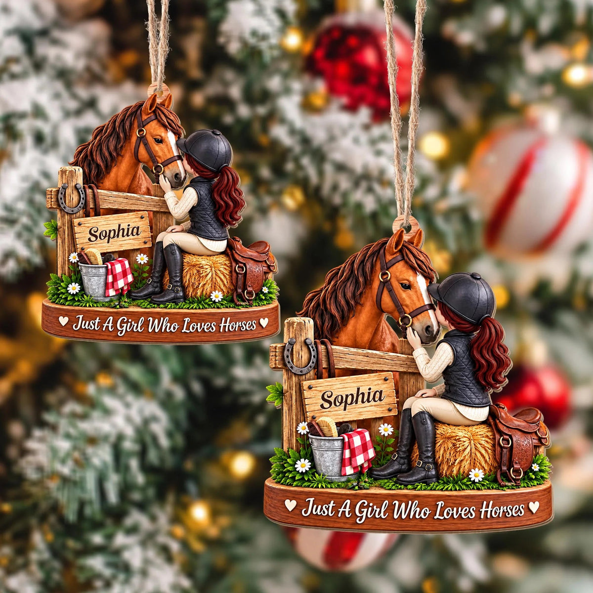 Personalized Girl Who Loves Horses Wooden Ornament