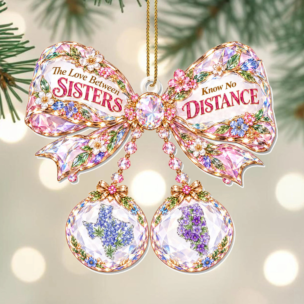 "The Love Between Sisters Know No Distance" Personalized Acrylic Ornament - Christmas Keepsake Gift for Sister