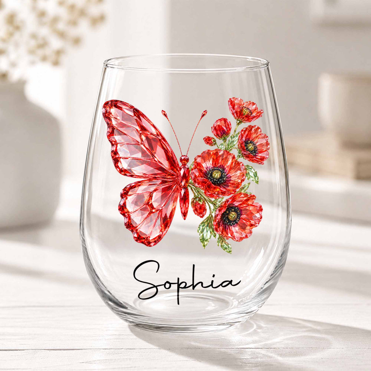 Personalized Birth Month Butterfly Custom Stemless Wine Glass