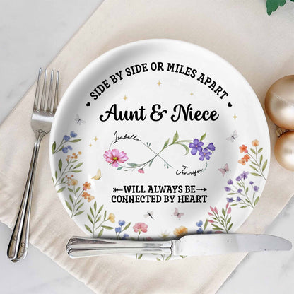 "Side By Side Or Miles Apart" Personalized Ceramic Plate - Keepsake for Aunt and Niece