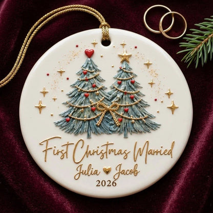 Personalized First Christmas Married Wreath Ceramic Ornament