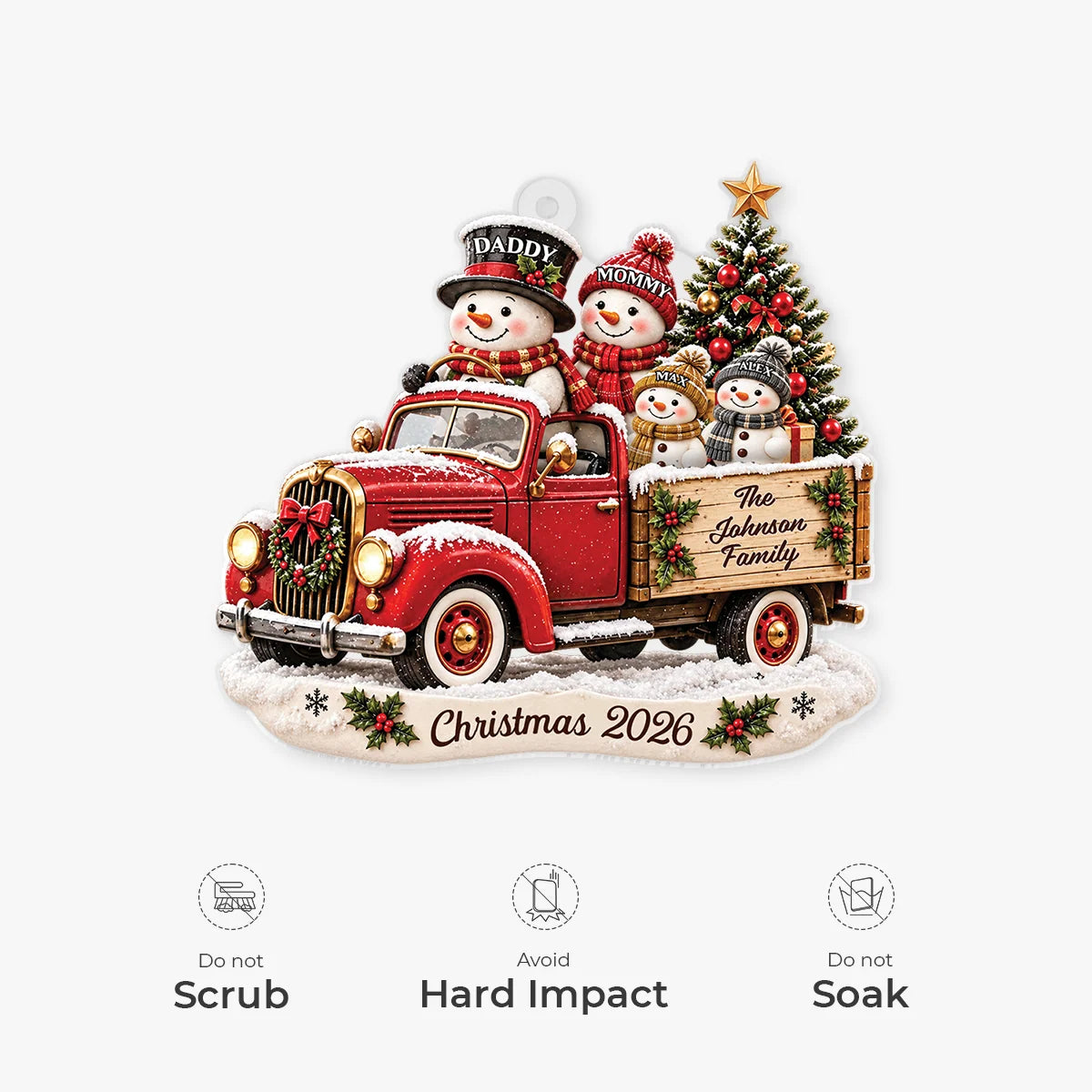 Personalized Snowman Family Red Truck Acrylic Ornament