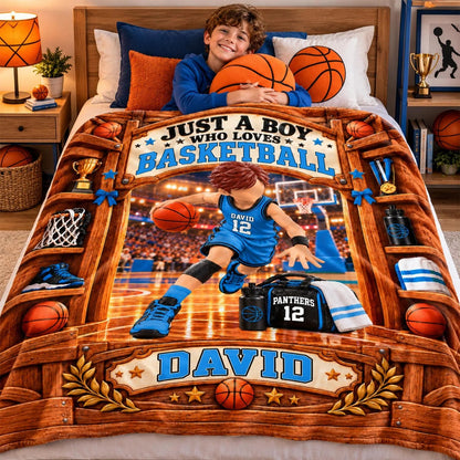 Just A Boy Who Loves Basketball Personalized Blanket - Custom Name Fleece Throw for Son & Basketball Fans