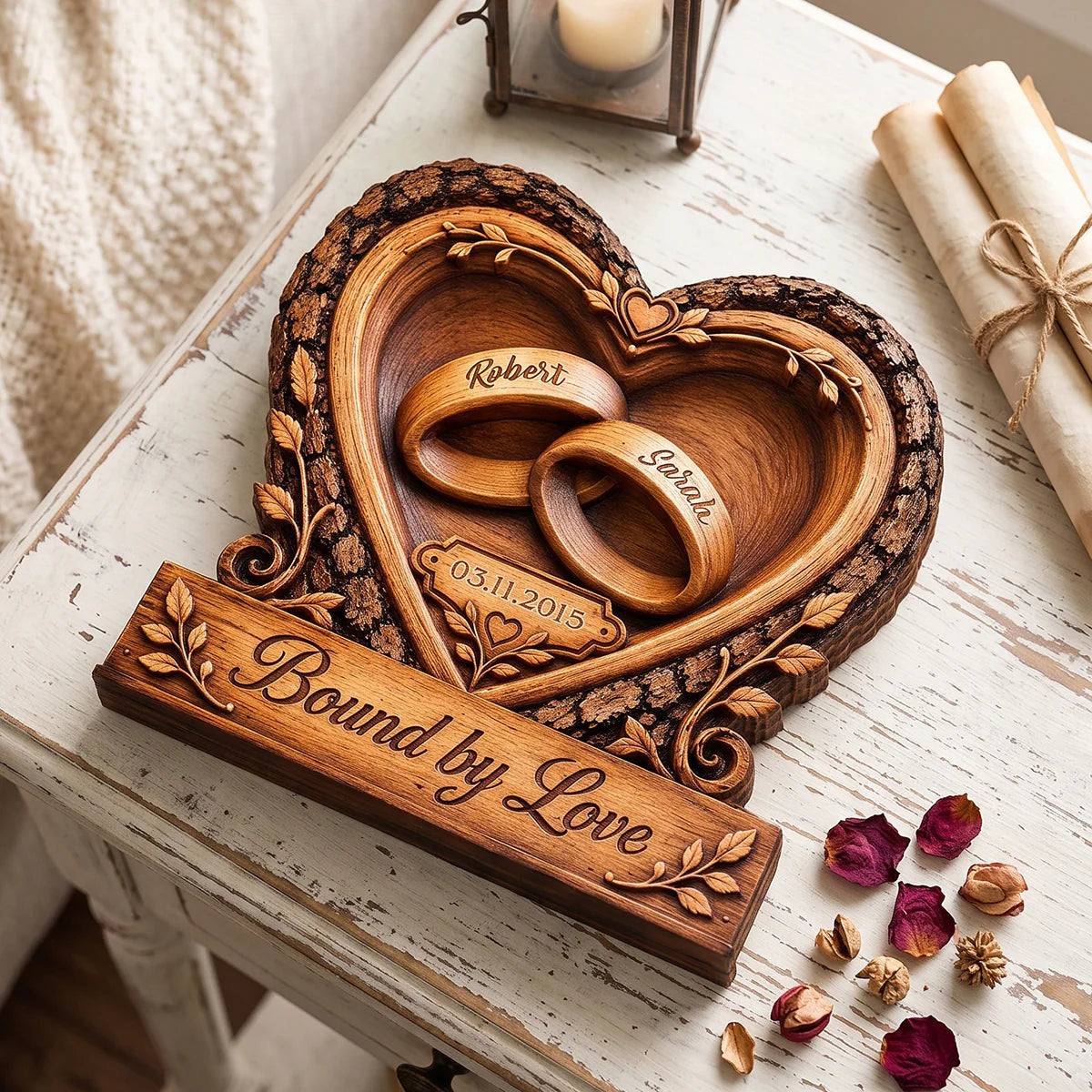 Personalized Bound by Love Wedding Rings Wooden Block