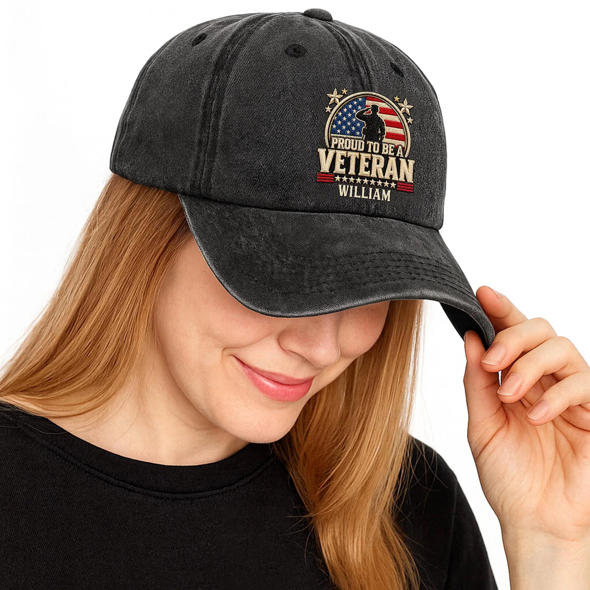 Proud To Be A Veteran Personalized Washed Denim Cap for Military Dad - Patriotic American Flag Gift