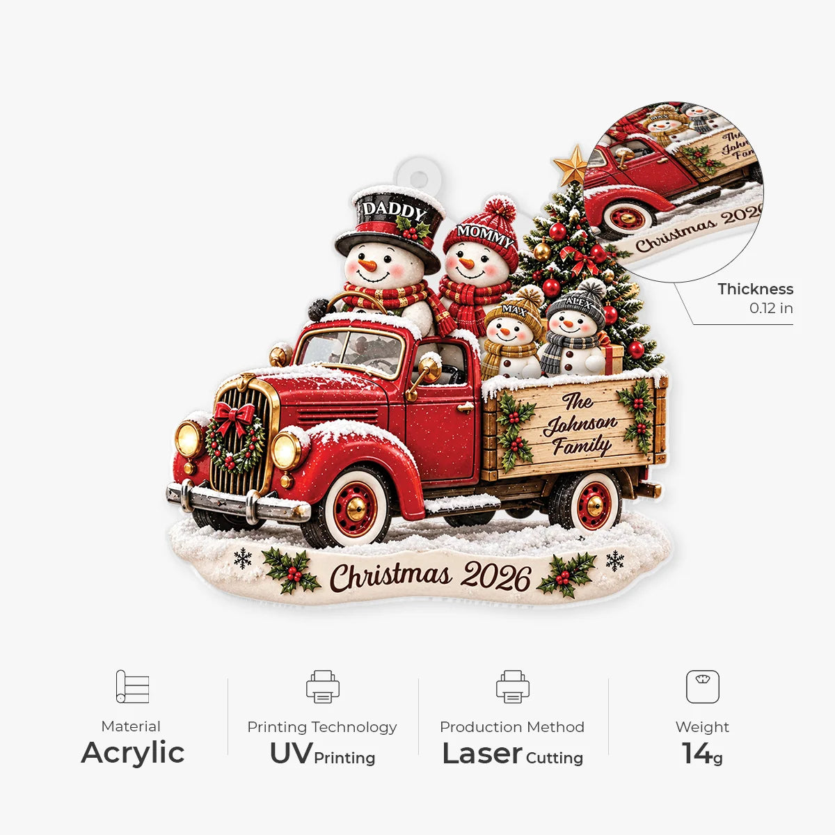 Personalized Snowman Family Red Truck Acrylic Ornament