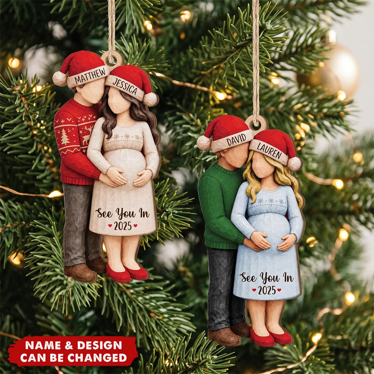 Personalized Expecting Couple Baby Bump Wooden Ornament