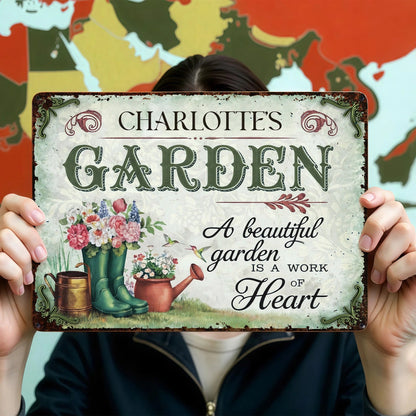 "A Beautiful Garden Is A Work Of Heart" Personalized Metal Sign - Garden Decor for Mom Grandma