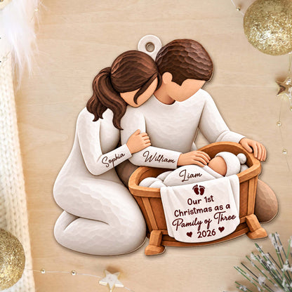 Our 1st Christmas as a Family of Three Personalized Wooden Ornament - Custom Holiday Keepsake Gift for New Parents