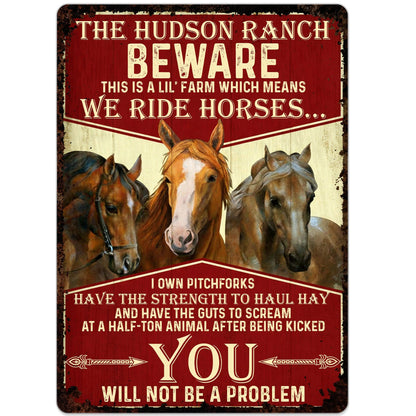 Beware We Ride Horses Custom Metal Sign - Funny Personalized Farm Wall Decor for Horse Lovers