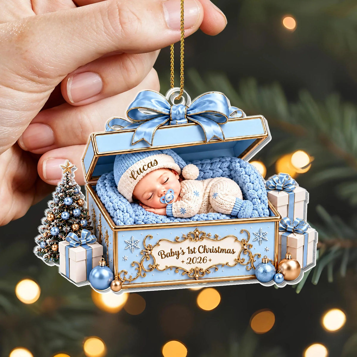 Baby's 1st Christmas Sleeping Baby in Gift Box - Personalized Acrylic Ornament for Newborn Keepsake