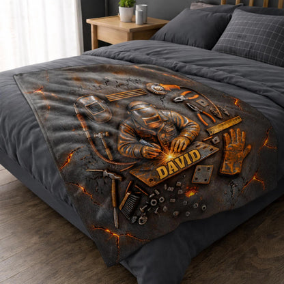 Personalized Hardworking Welder In Action Throw Blanket