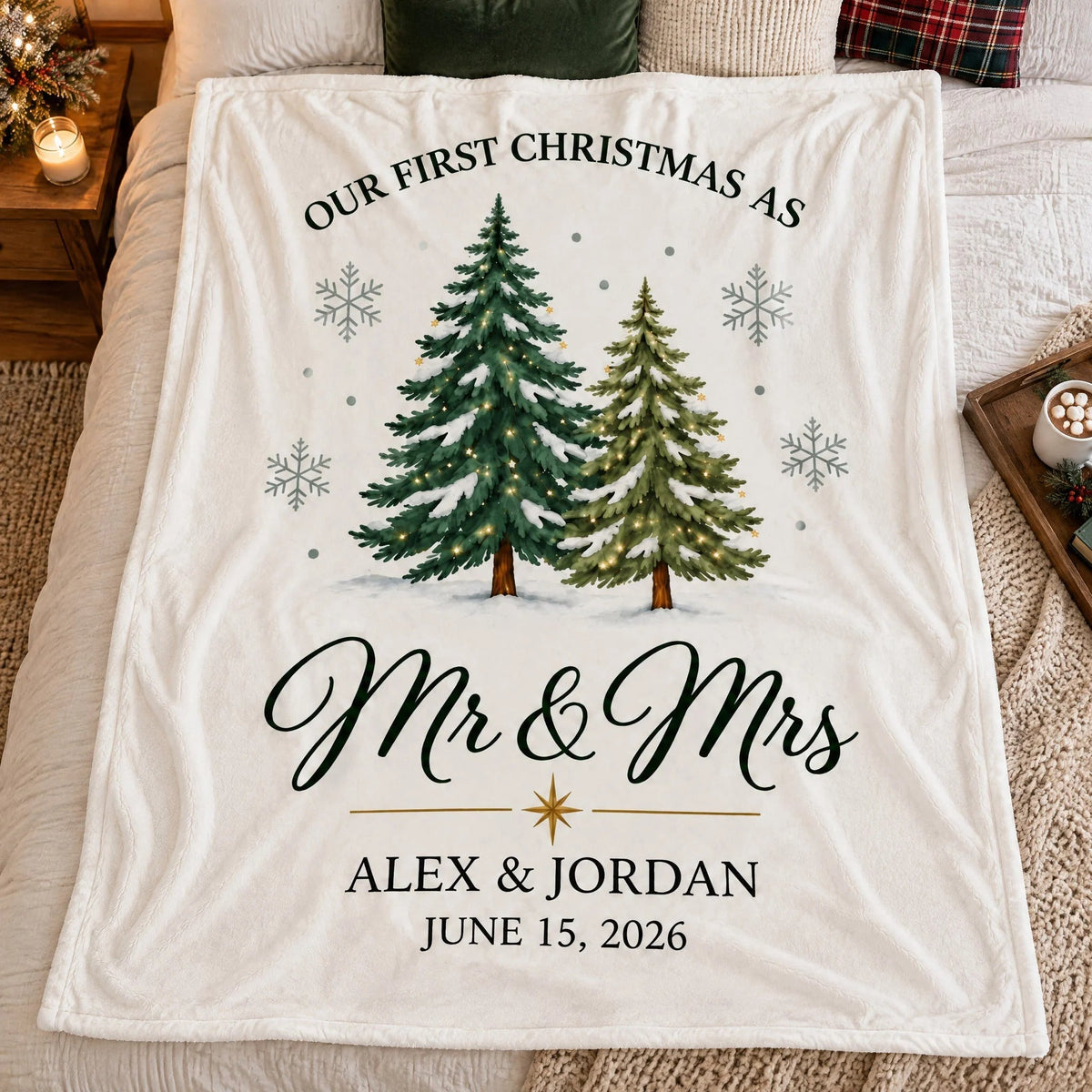 Our First Christmas As Mr & Mrs Personalized Blanket for Couples - Custom Newlywed Holiday Keepsake Throw