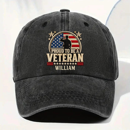 Proud To Be A Veteran Personalized Washed Denim Cap for Military Dad - Patriotic American Flag Gift