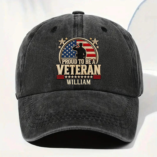 Proud To Be A Veteran Personalized Washed Denim Cap for Military Dad - Patriotic American Flag Gift