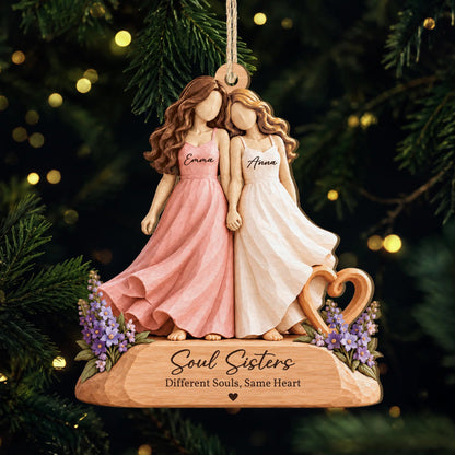 Soul Sisters Different Souls Same Heart - Personalized Wooden Ornament for Best Friends Christmas Gift