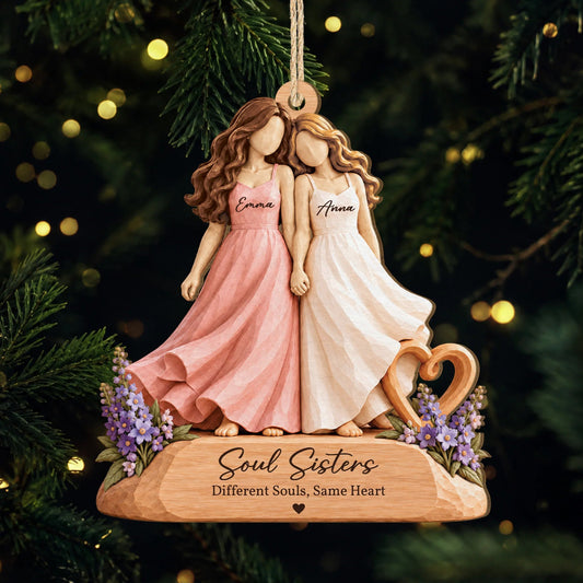 Soul Sisters Different Souls Same Heart - Personalized Wooden Ornament for Best Friends Christmas Gift