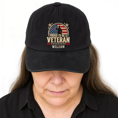 Proud To Be A Veteran Personalized Washed Denim Cap for Military Dad - Patriotic American Flag Gift