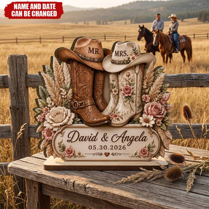 Personalized Cowboy Boots Wedding Wooden Plaque