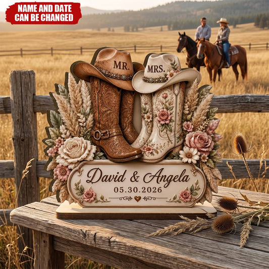 Personalized Cowboy Boots Wedding Wooden Plaque