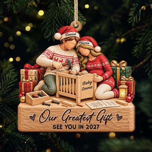 "Our Greatest Gift" Personalized Wooden Ornament for Expecting Couples - Custom Christmas Pregnancy Keepsake