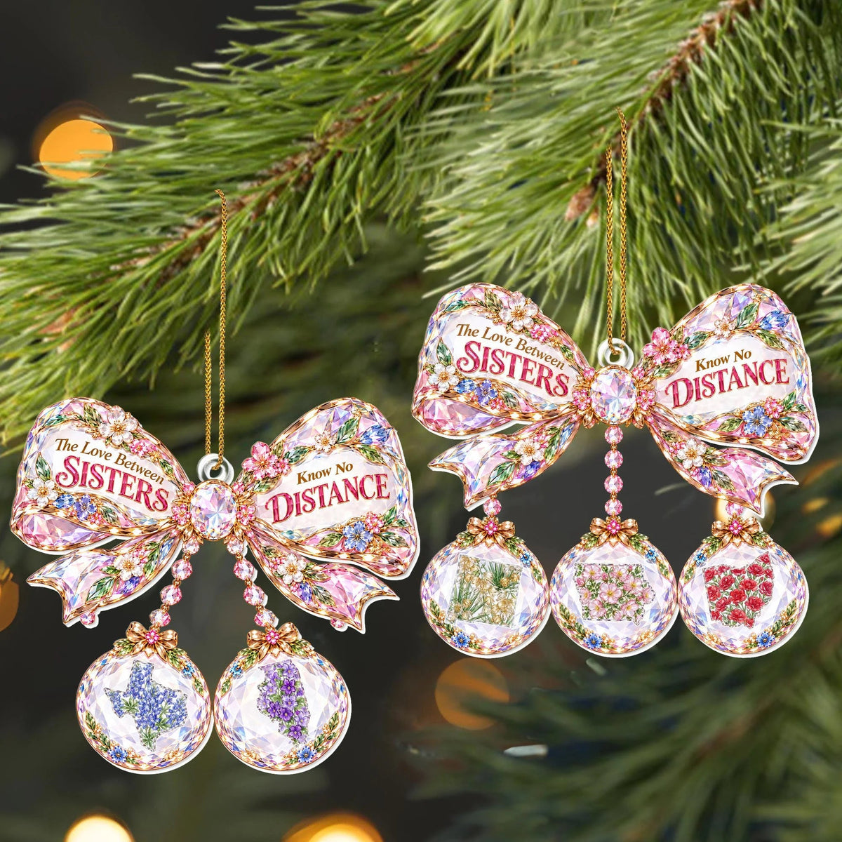 "The Love Between Sisters Know No Distance" Personalized Acrylic Ornament - Christmas Keepsake Gift for Sister