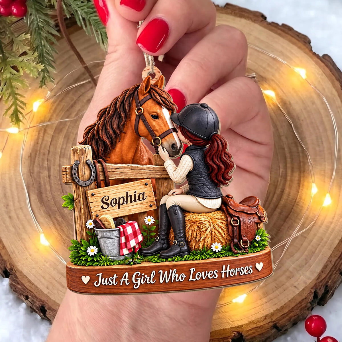 Personalized Girl Who Loves Horses Wooden Ornament
