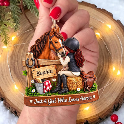 Personalized Girl Who Loves Horses Wooden Ornament