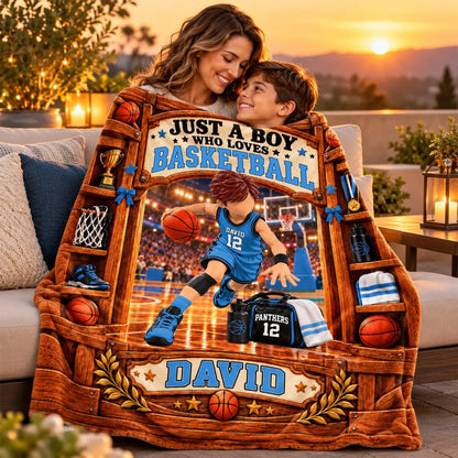 Just A Boy Who Loves Basketball Personalized Blanket - Custom Name Fleece Throw for Son & Basketball Fans