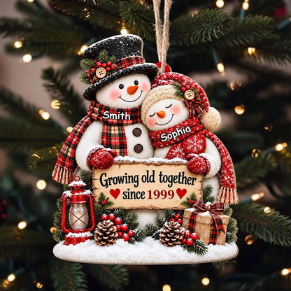 Growing Old Together Personalized Snowman Couple Wooden Ornament - Christmas Keepsake for Husband Wife