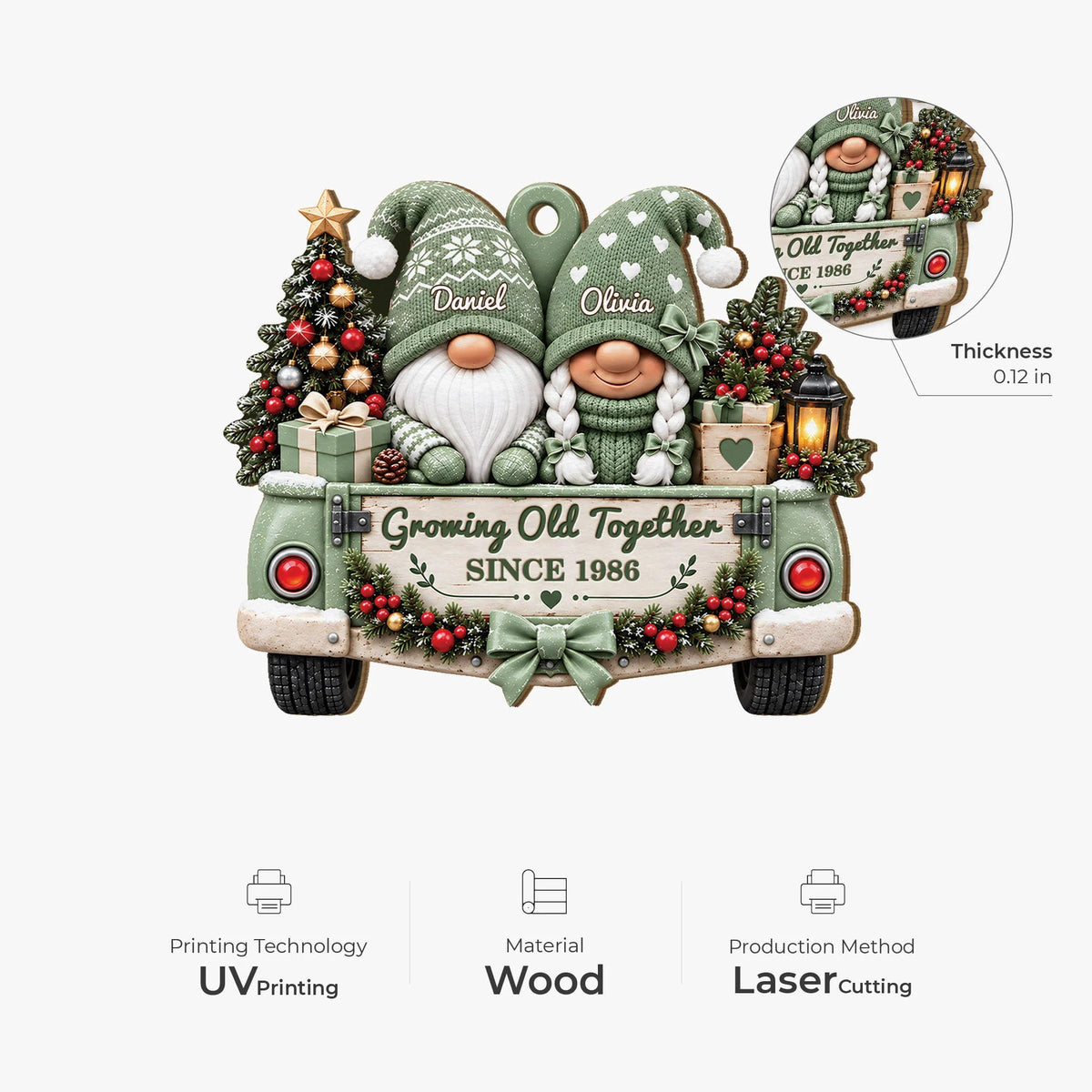 Growing Old Together Personalized Gnome Truck Wooden Ornament - Keepsake for Couples