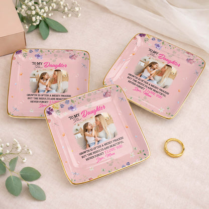 Growth Is Beautiful To My Daughter Personalized Ceramic Jewelry Dish - Custom Photo Trinket Ring Tray Gift from Mom
